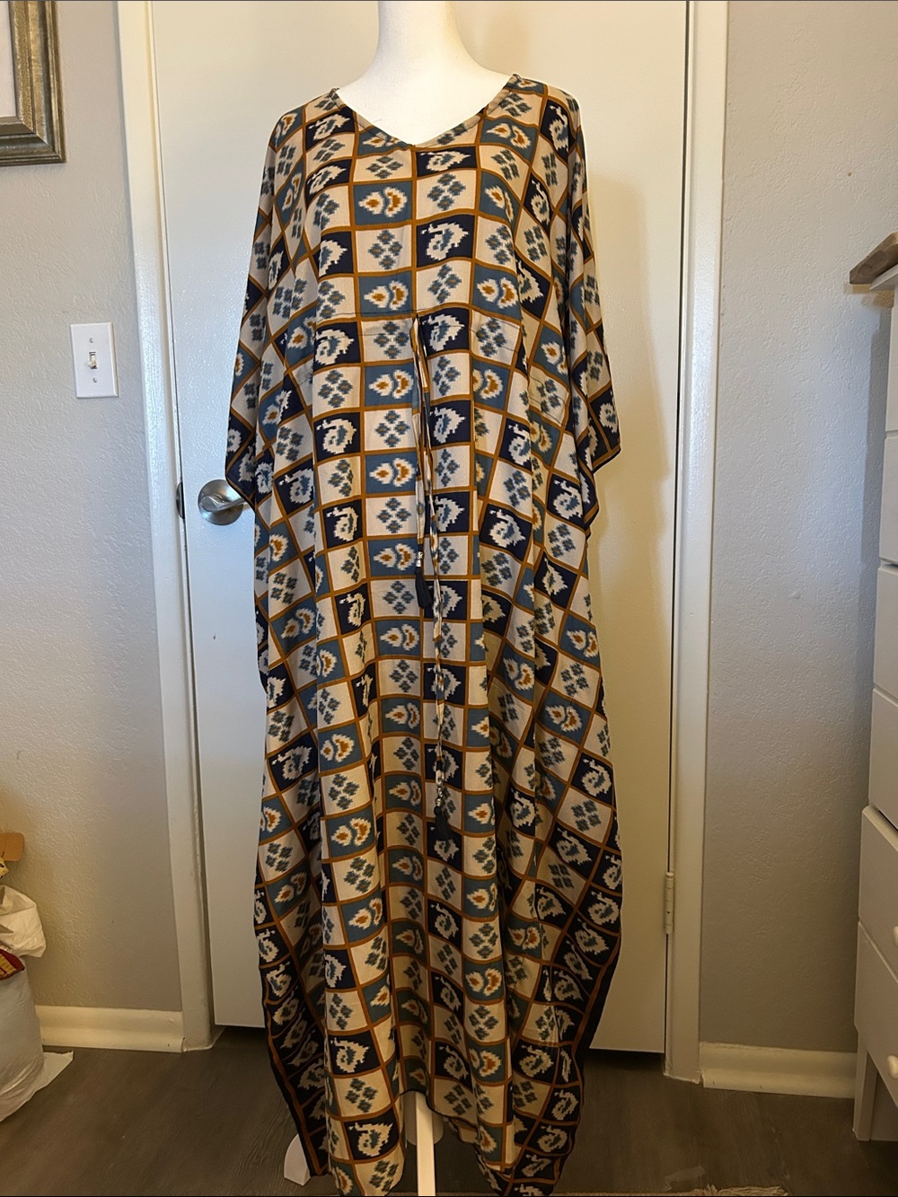 Women’s Geometric kaftan Dress - Navy, Tan & Cream